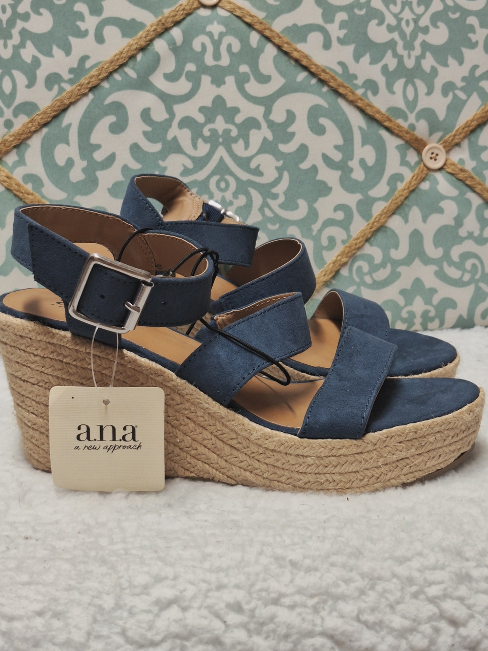 a.n.a Navy Espadrille Wedge Sandals 7